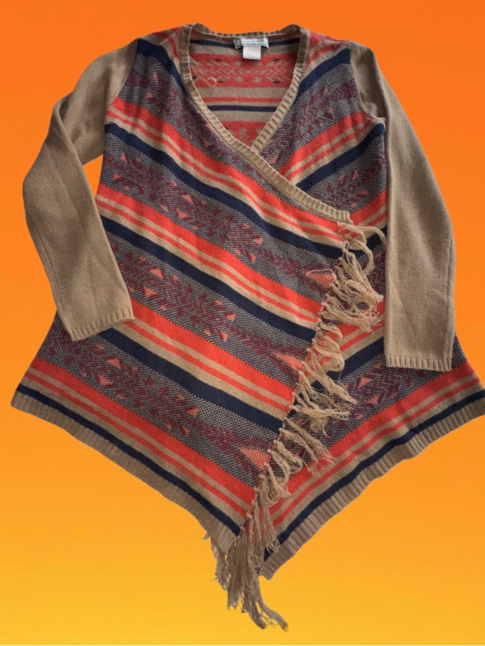 Anthropologie Flying Tomato Brown/Orange Lagenlook Open Drape Cardigan Fringe S - Picture 8 of 14